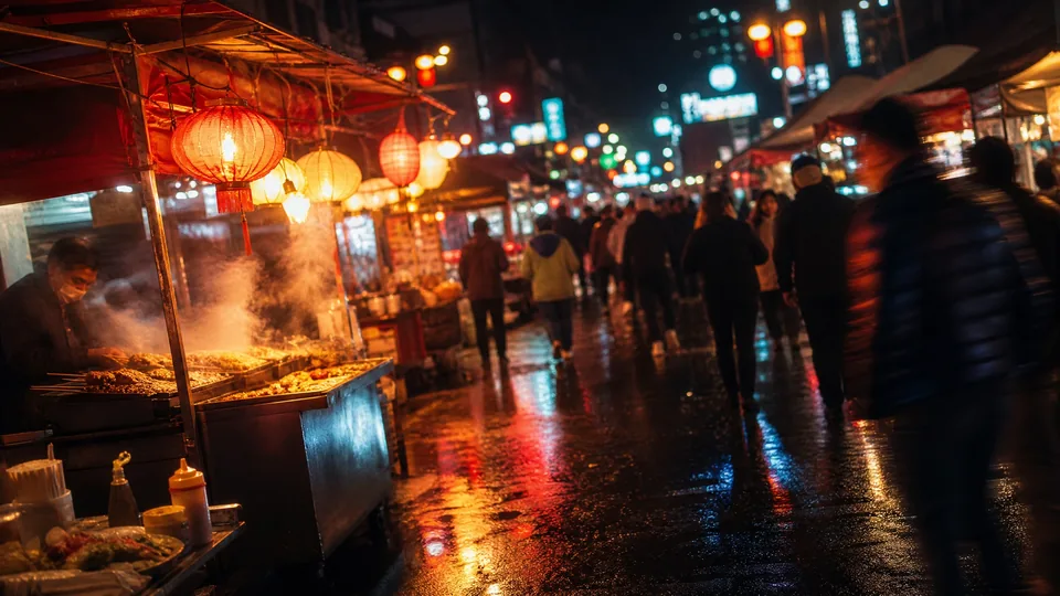 糖心vlog夜市探店封面图，霓虹灯下的街头小吃摊